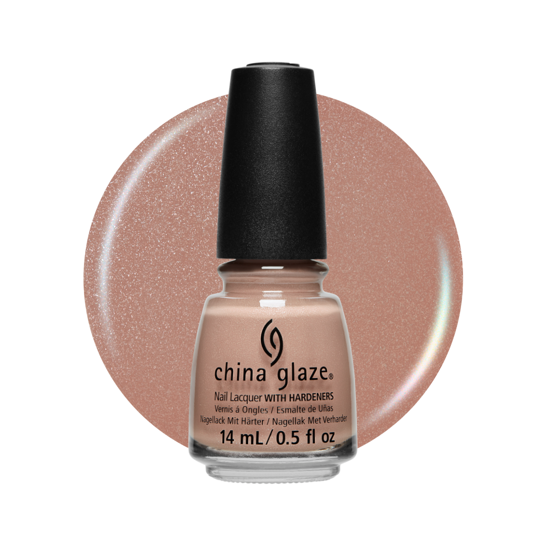A bottle of China Glaze nail polish with hardeners in a shimmering nude pink shade, shown in front of a matching circular color swatch on a white background.