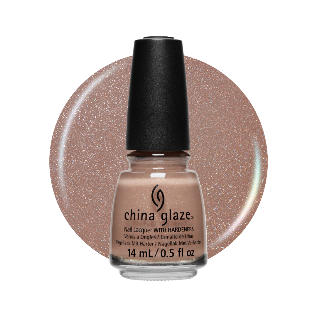 A bottle of China Glaze nail polish with hardeners in a glittery champagne beige shade, shown in front of a matching circular color swatch on a white background.
