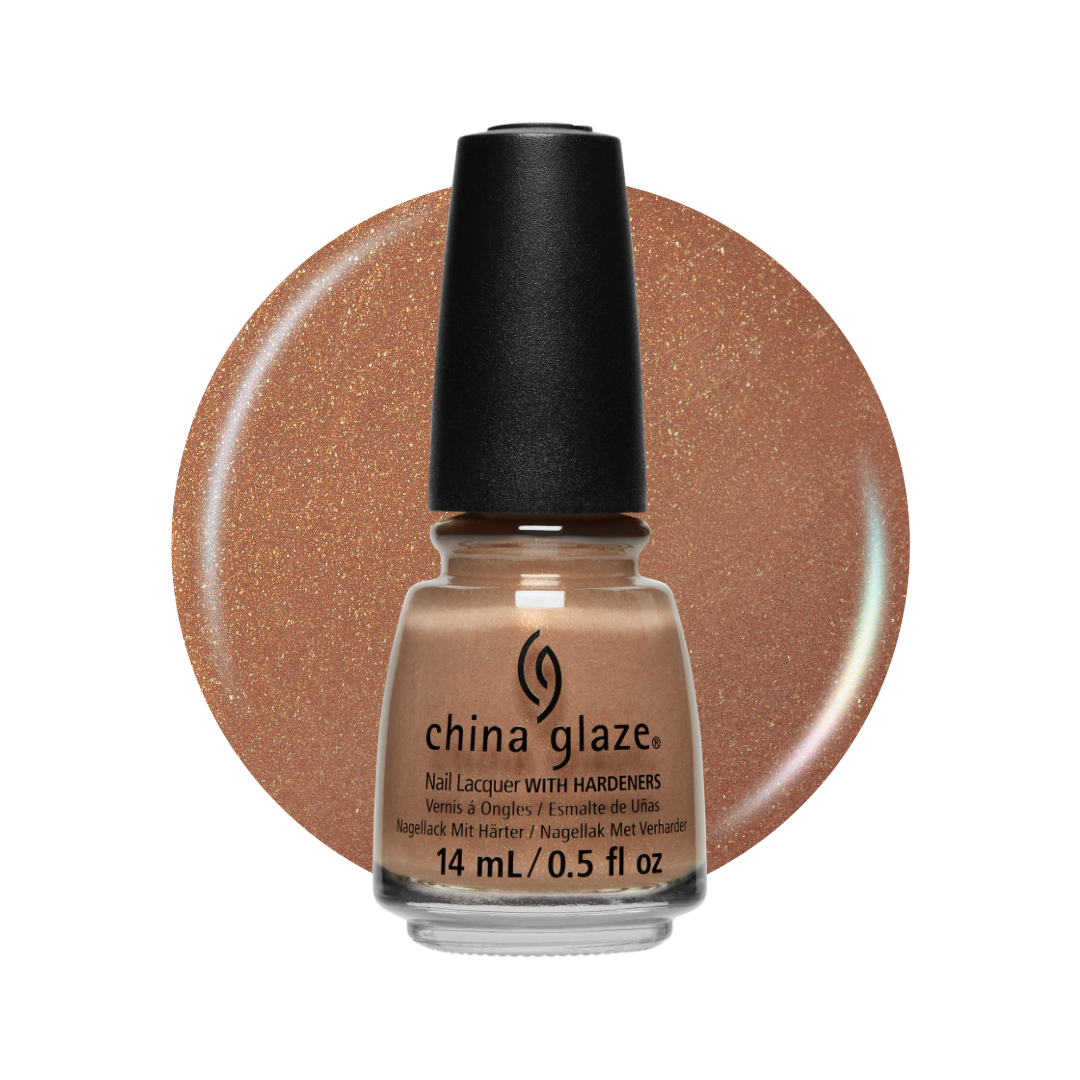 A bottle of China Glaze nail polish with a black cap, shown in front of a circular swatch of the glittery warm nude polish color on a white background.