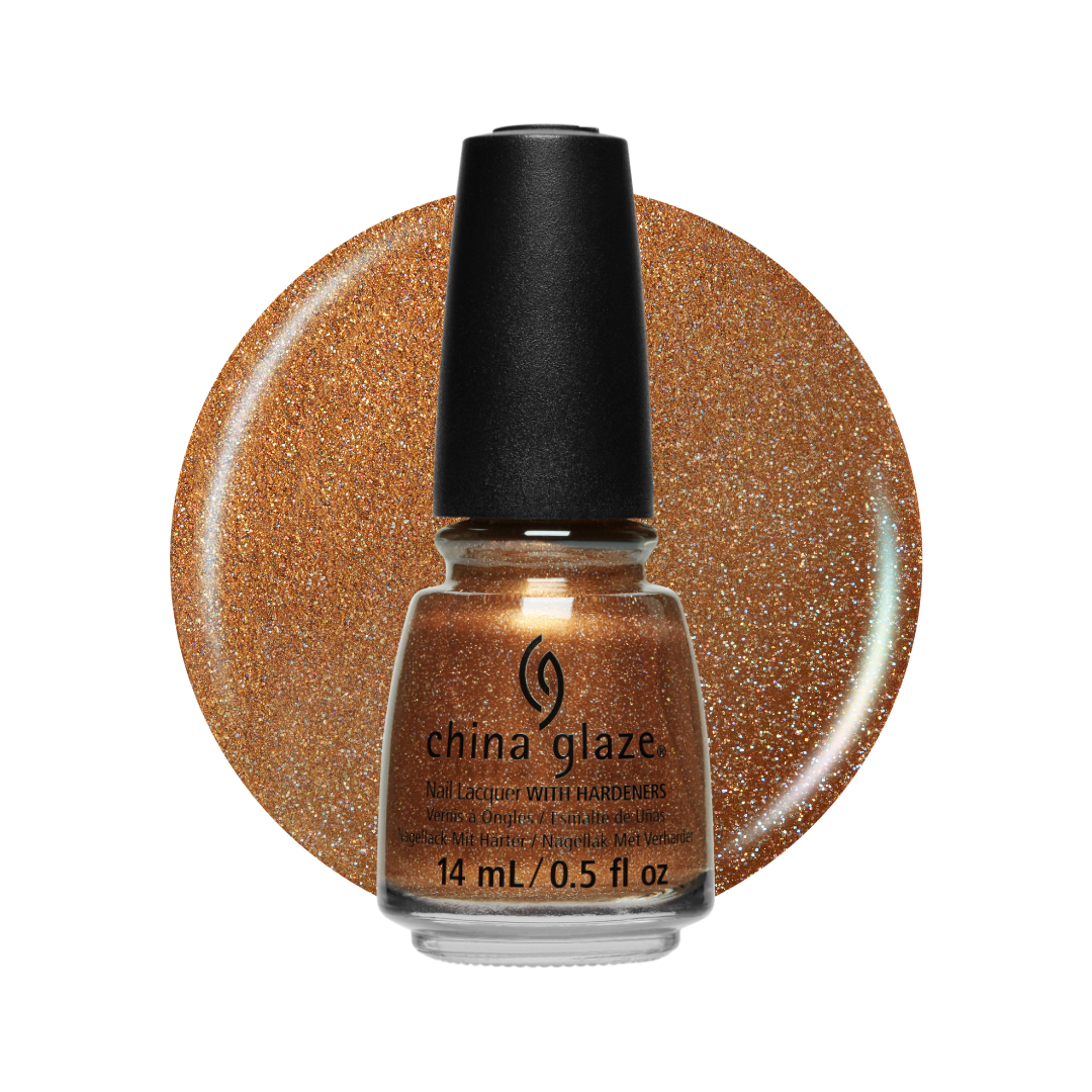 A bottle of China Glaze glitter nail polish in a warm coppery gold shade, shown in front of a circular glitter swatch of the same color on a white background.