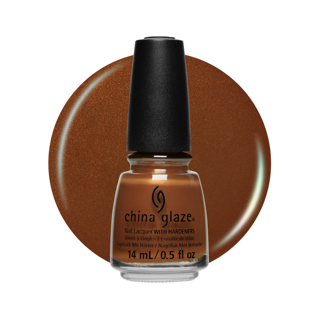 A bottle of China Glaze nail polish with a black cap, shown in front of a large circular metallic bronze-brown color swatch on a white background.