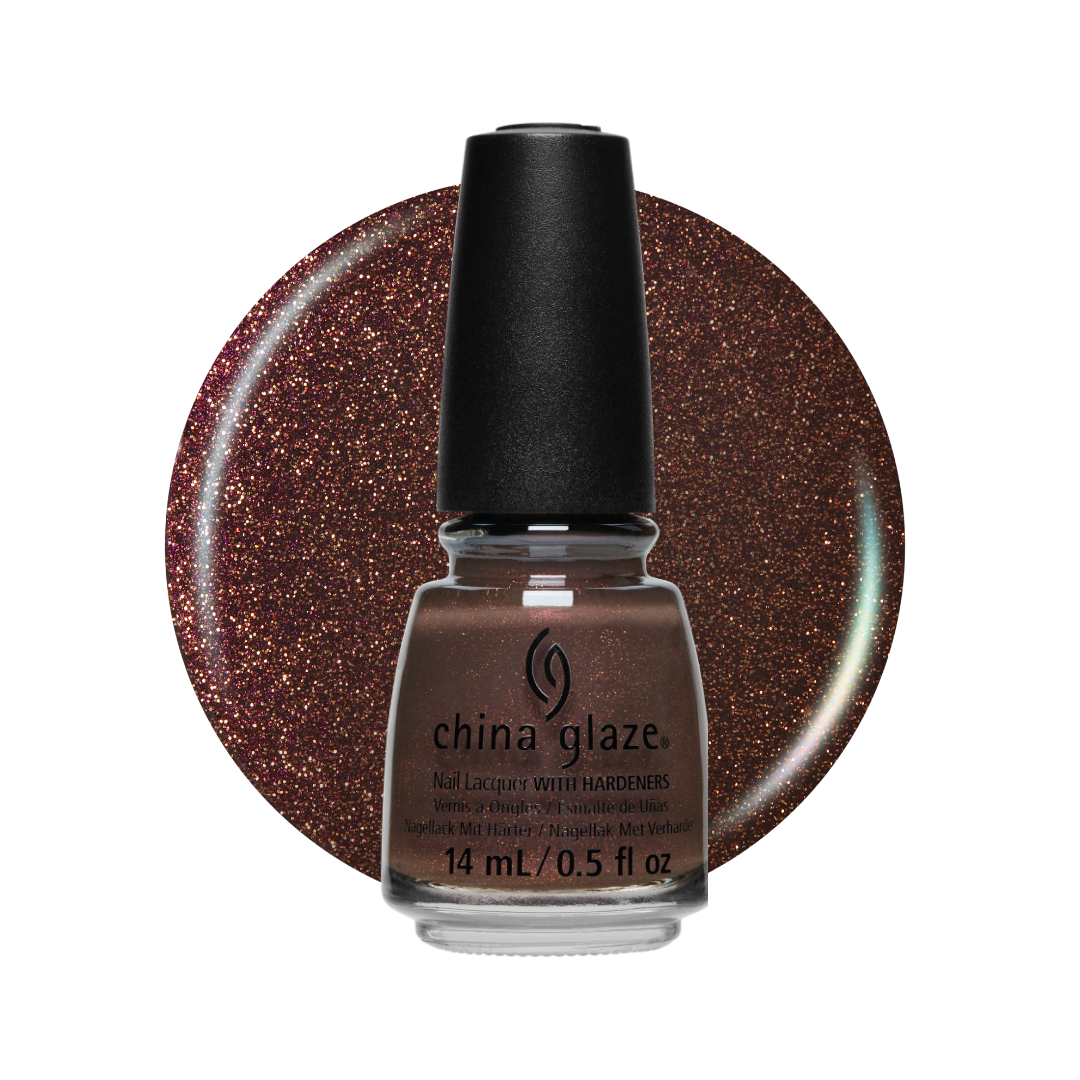 A bottle of China Glaze nail lacquer with hardeners in a metallic bronze-brown shade, shown in front of a circular glitter swatch of the same color on a white background.