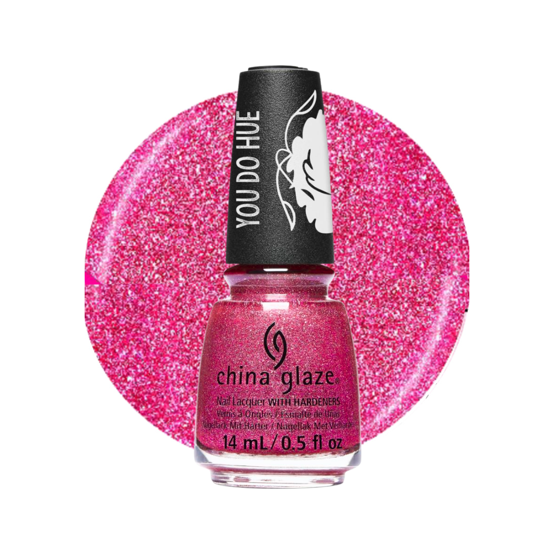 China Glaze nail polish bottle in a glittery hot pink shade, displayed in front of a matching circular glitter swatch on a white background. The bottle features a black cap with the brand name and a white logo.