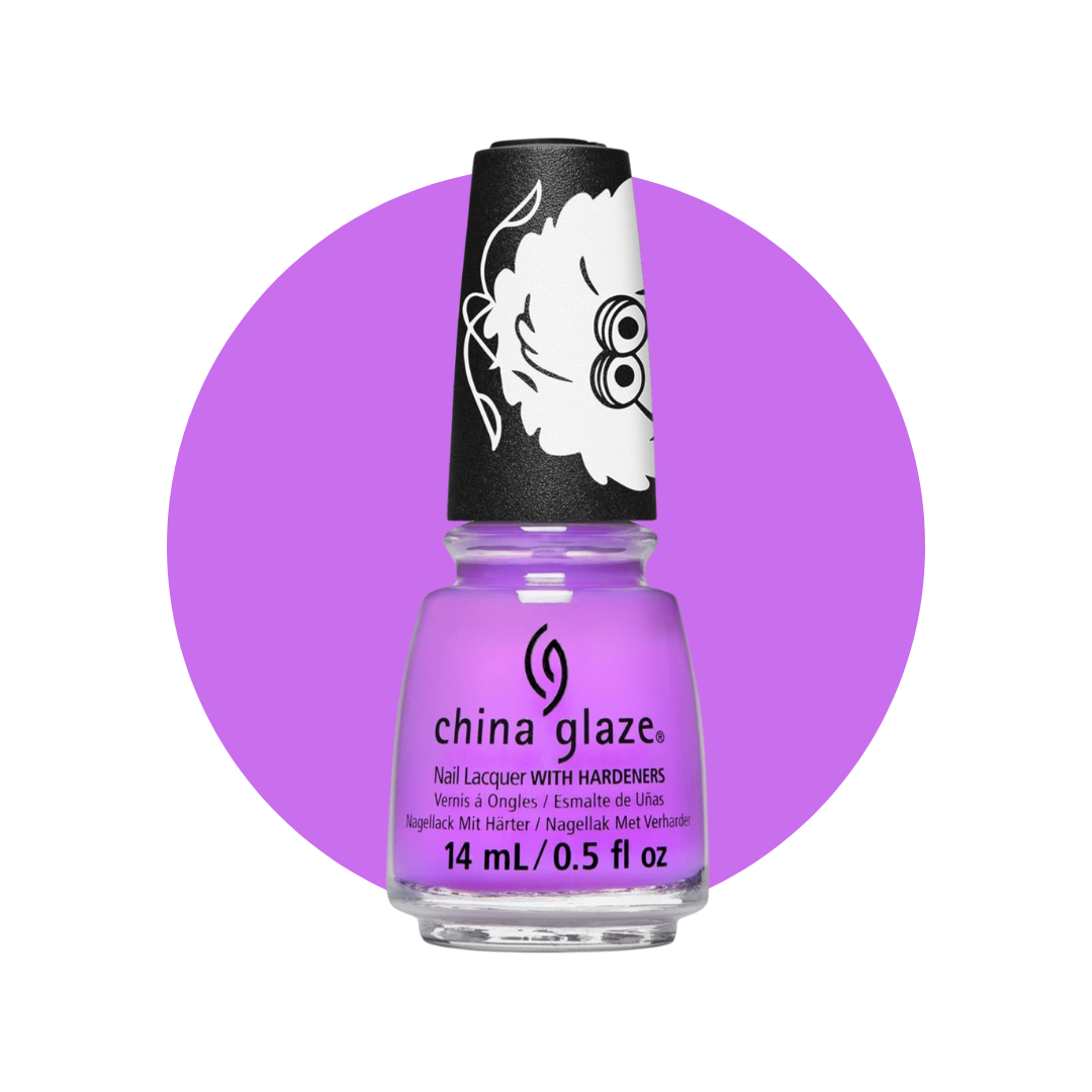 A bottle of China Glaze nail polish in a bright purple shade, featuring a black cap with a white cartoon face graphic, set against a solid purple circular background on a white canvas.
