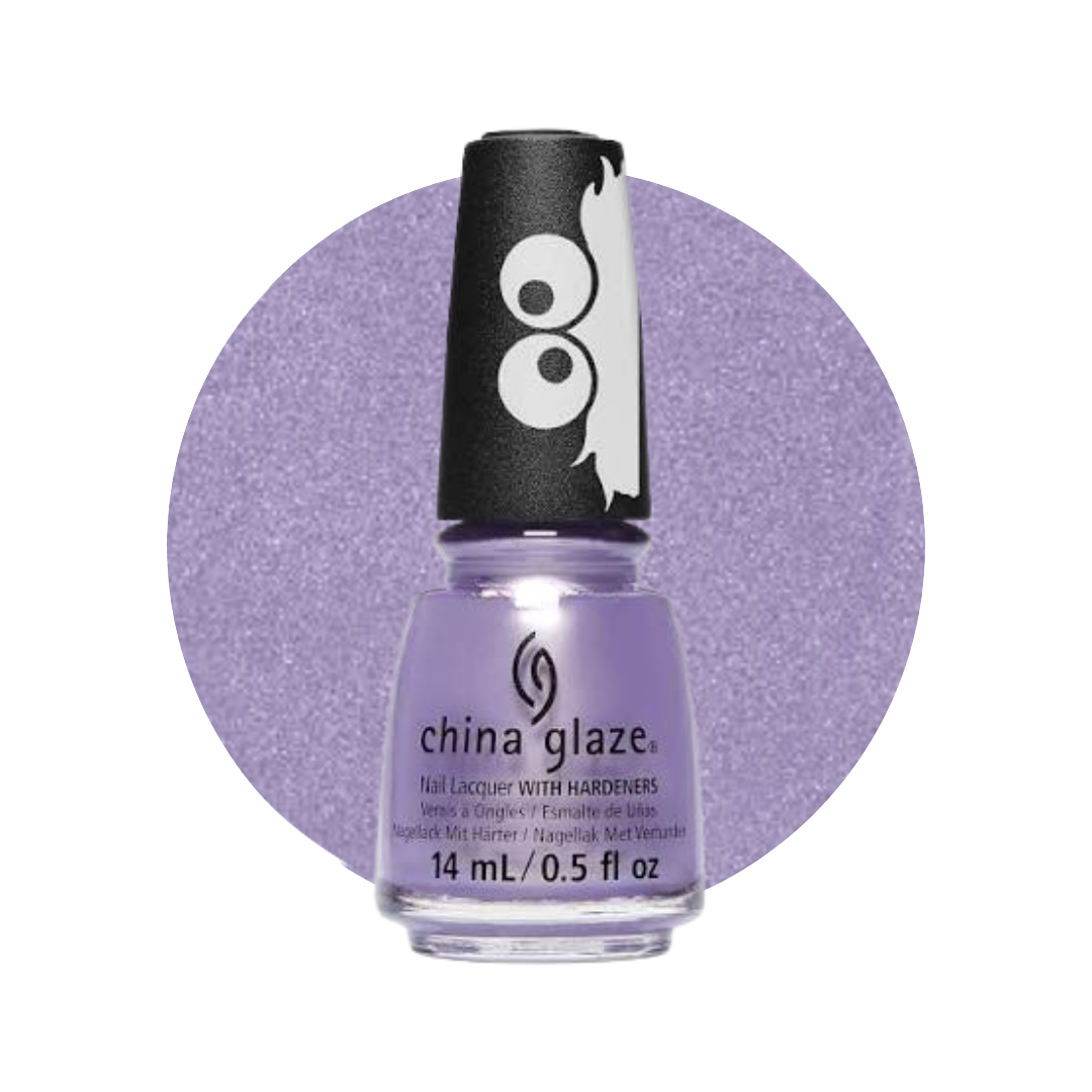 A bottle of China Glaze nail polish in a light lavender purple shade, shown against a white background with a large matching lavender glitter circle behind it.