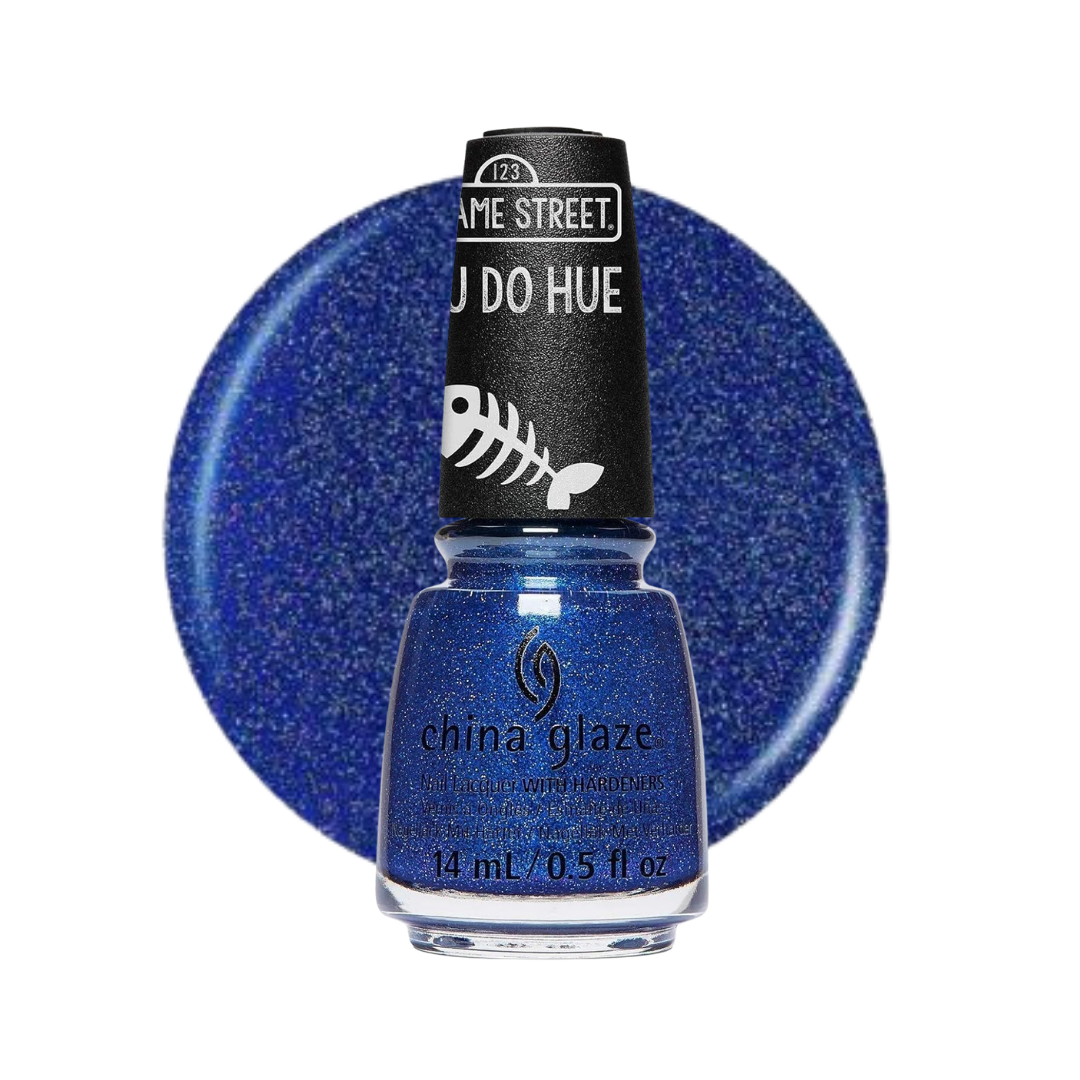A bottle of China Glaze nail polish in a vibrant blue glitter polish with a black cap and a matching blue glitter color swatch behind it.