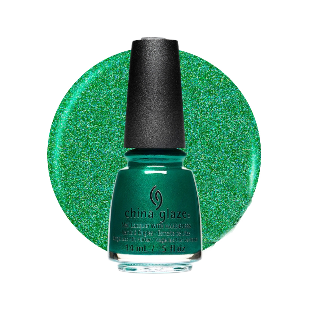 China Glaze glitter nail polish in a vibrant green shade, shown in a 14 ml bottle with a black cap, set against a matching glittery green circular swatch on a white background.
