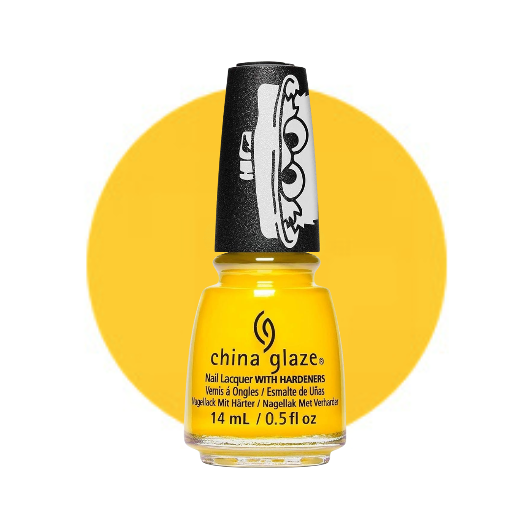 A bottle of China Glaze nail polish in a bright yellow shade, shown against a white background with a large matching yellow circle behind the bottle.