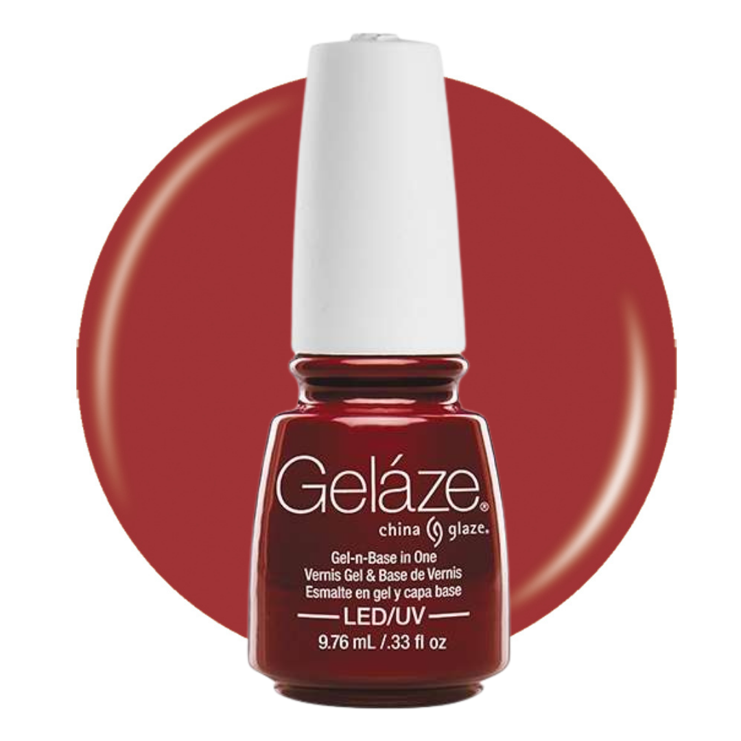 A bottle of Geláze China Glaze gel nail polish in a deep red shade, shown against a white background with a large matching red circular color swatch behind it.