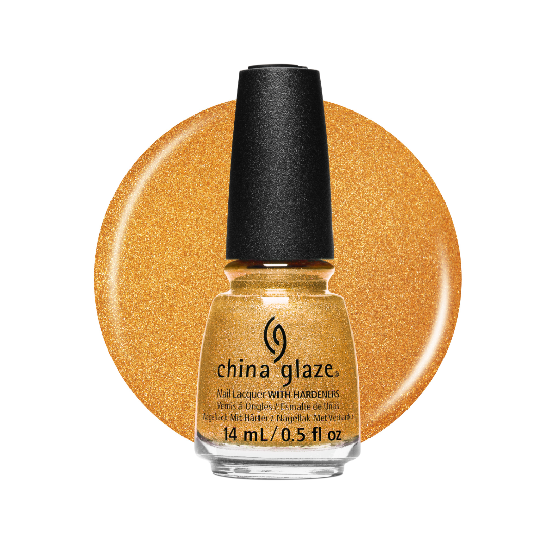 A bottle of China Glaze nail lacquer with hardeners in a sparkling gold glitter shade, set against a matching circular gold glitter swatch on a white background.