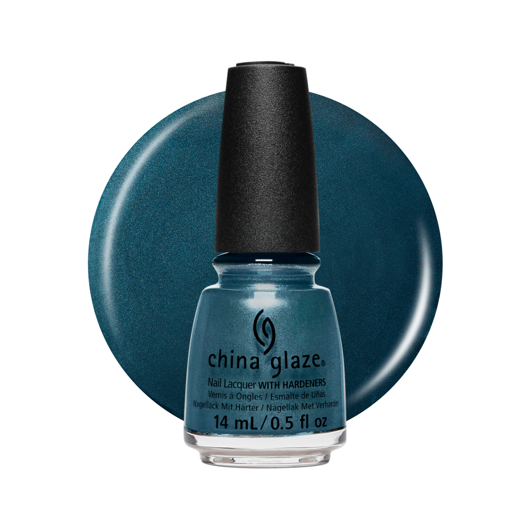 A bottle of China Glaze nail polish in a deep teal blue shade, shown in front of a matching circular color swatch on a white background.