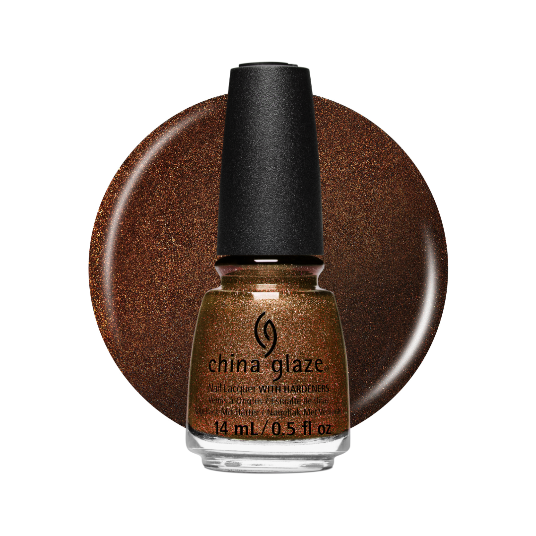 A bottle of China Glaze nail polish in a warm metallic bronze-brown shade, shown in front of a matching circular swatch on a white background.