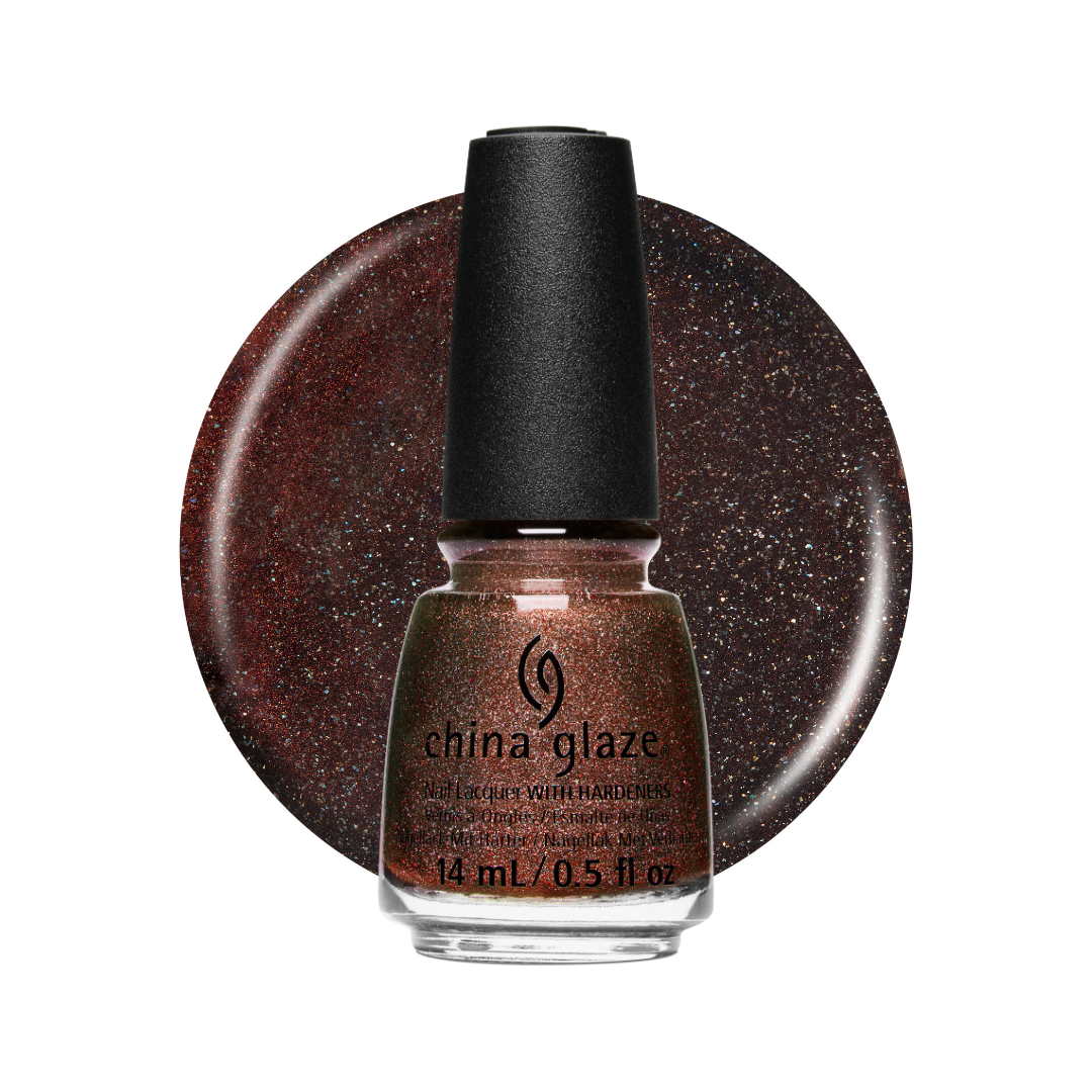 A bottle of China Glaze nail polish with a black cap, shown in front of a circular color swatch of the same glittery copper-brown shade on a white background.