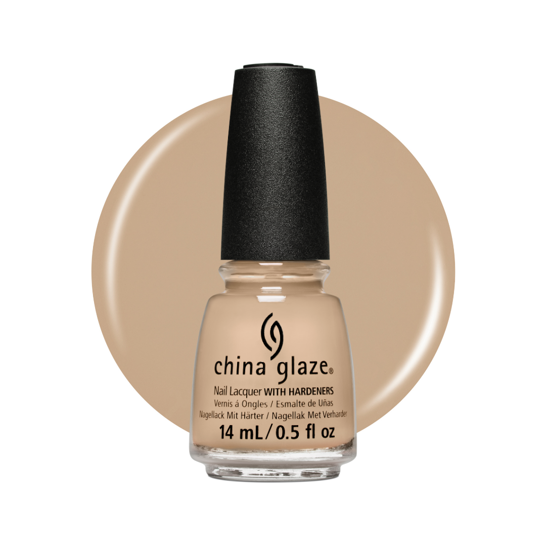 A bottle of China Glaze nail lacquer with hardeners in a warm beige shade, set against a matching beige circular swatch on a white background.