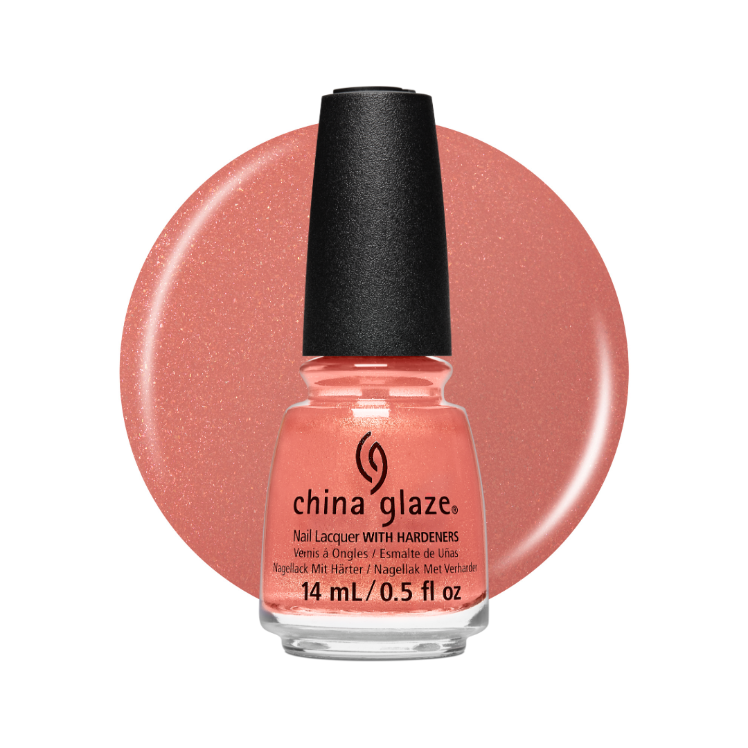 A bottle of China Glaze nail polish in a shimmering coral pink shade, shown in front of a matching circular swatch on a white background.