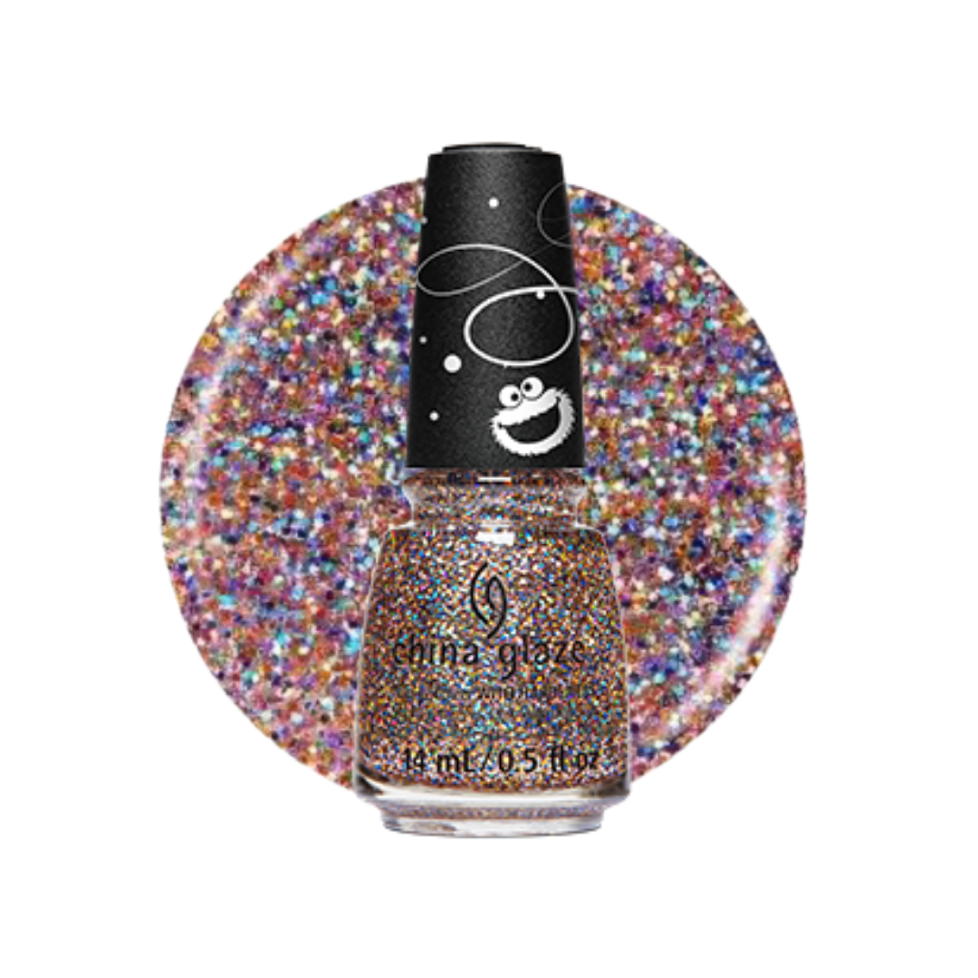 A bottle of China Glaze nail lacquer with hardeners in a glittery multi-colored shade, shown in front of a circular swatch of the same sparkling multi-colored polish on a white background.
