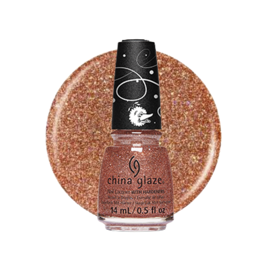 A bottle of China Glaze nail polish with a glittery copper-rose shimmer polish, shown in front of a circular glitter swatch of the same shade on a white background.