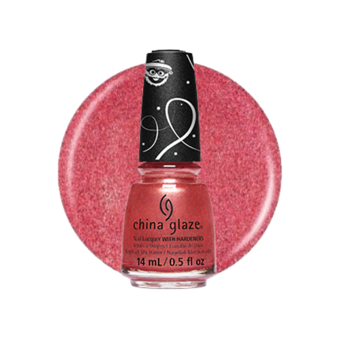 A bottle of China Glaze nail polish in a sparkling pink shade, shown in front of a matching circular color swatch on a white background.