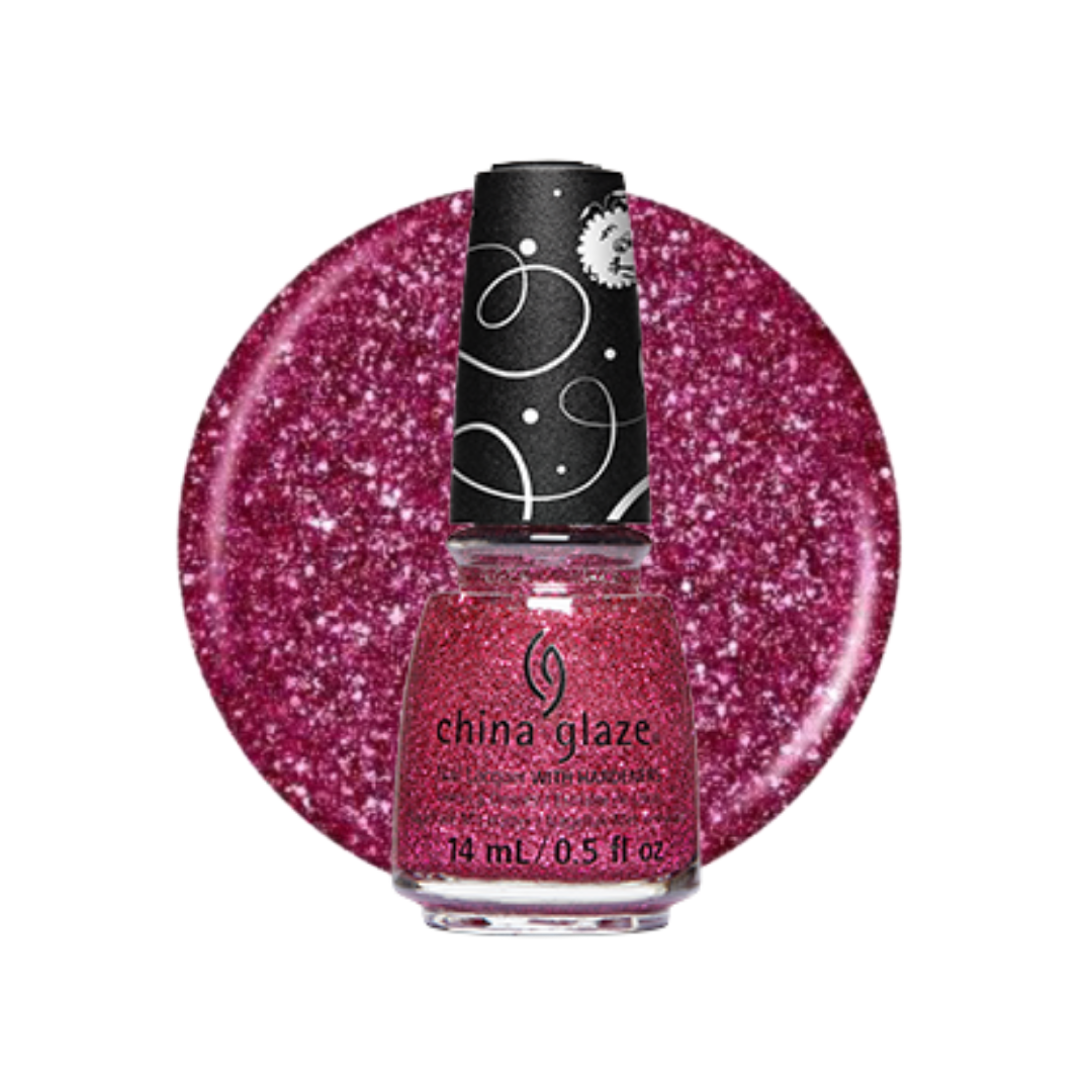 China Glaze glitter nail polish in a pink shade, shown in a clear bottle with a black cap, set against a circular glitter swatch of the same pink color on a white background.