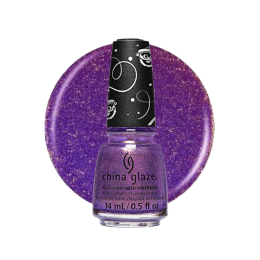 A bottle of China Glaze nail polish in a sparkling purple shade, set against a matching circular purple glitter swatch on a white background.