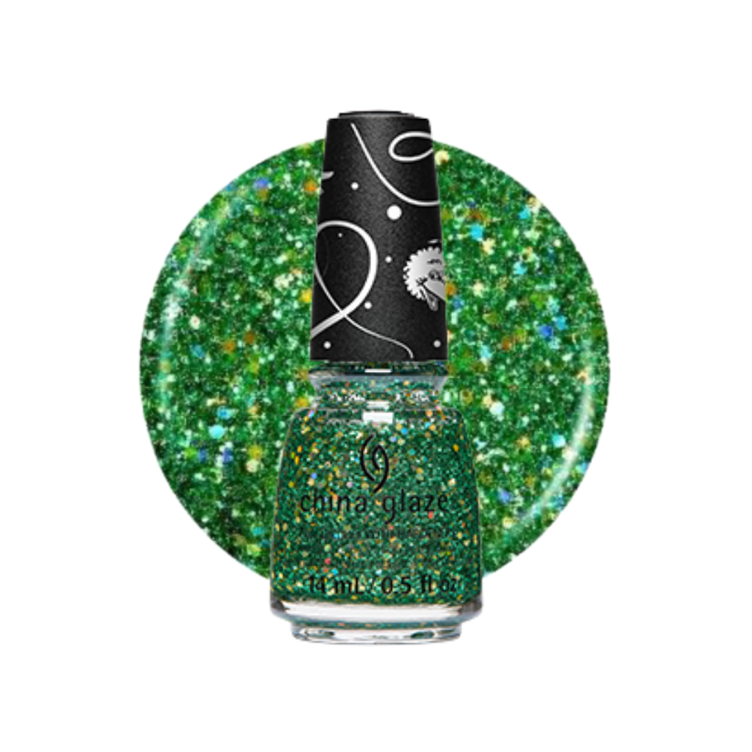 A bottle of China Glaze glitter nail polish in a sparkling green shade, shown in front of a circular green glitter swatch on a white background.