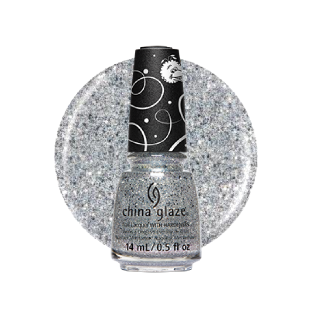 A bottle of China Glaze nail polish with a black cap, shown in front of a circular glitter swatch of the same silver-gray shade on a white background.