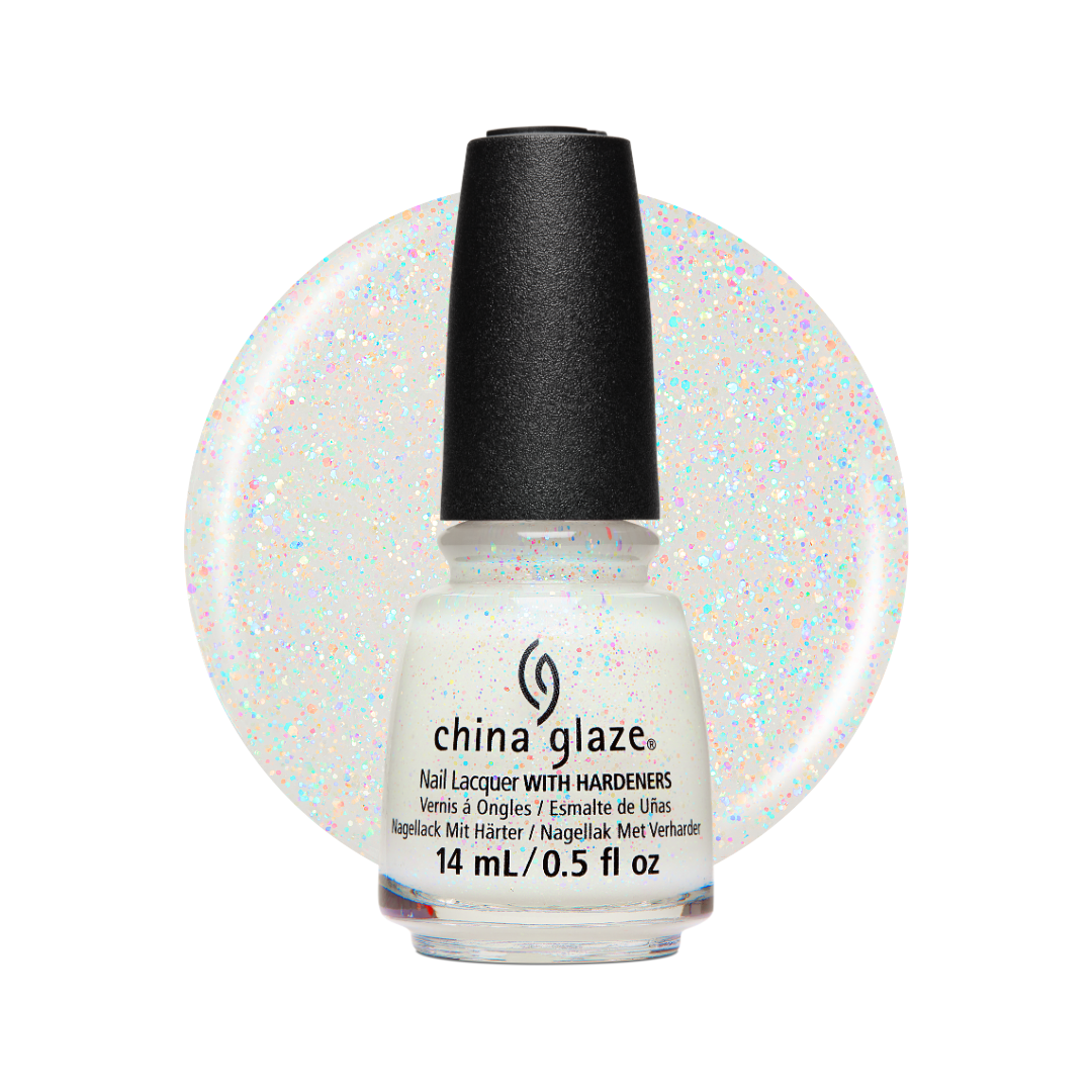 A bottle of China Glaze nail polish with a black cap, shown in front of a circular swatch of iridescent white glitter polish on a white background.