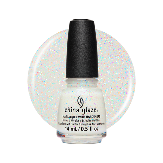 A bottle of China Glaze nail polish with a black cap, shown in front of a circular swatch of iridescent white glitter polish on a white background.