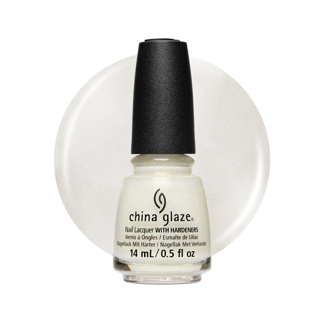 A bottle of China Glaze nail polish with a black cap, shown against a white background with a large circular swatch of the creamy off-white polish behind it.