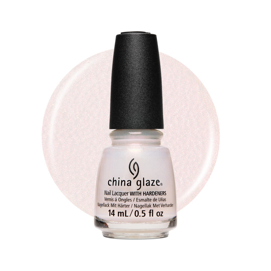 A bottle of China Glaze nail lacquer with hardeners in a pale pink glitter shade, shown against a white background with a matching circular swatch.