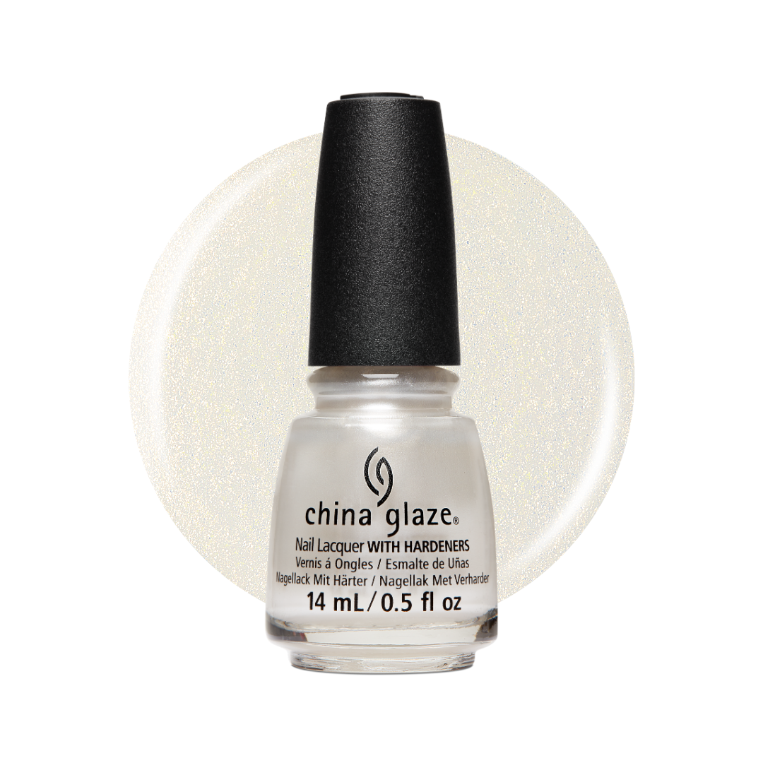 A bottle of China Glaze nail polish with hardeners in a shimmering off-white/cream shade, shown in front of a circular color swatch of the same finish on a white background.
