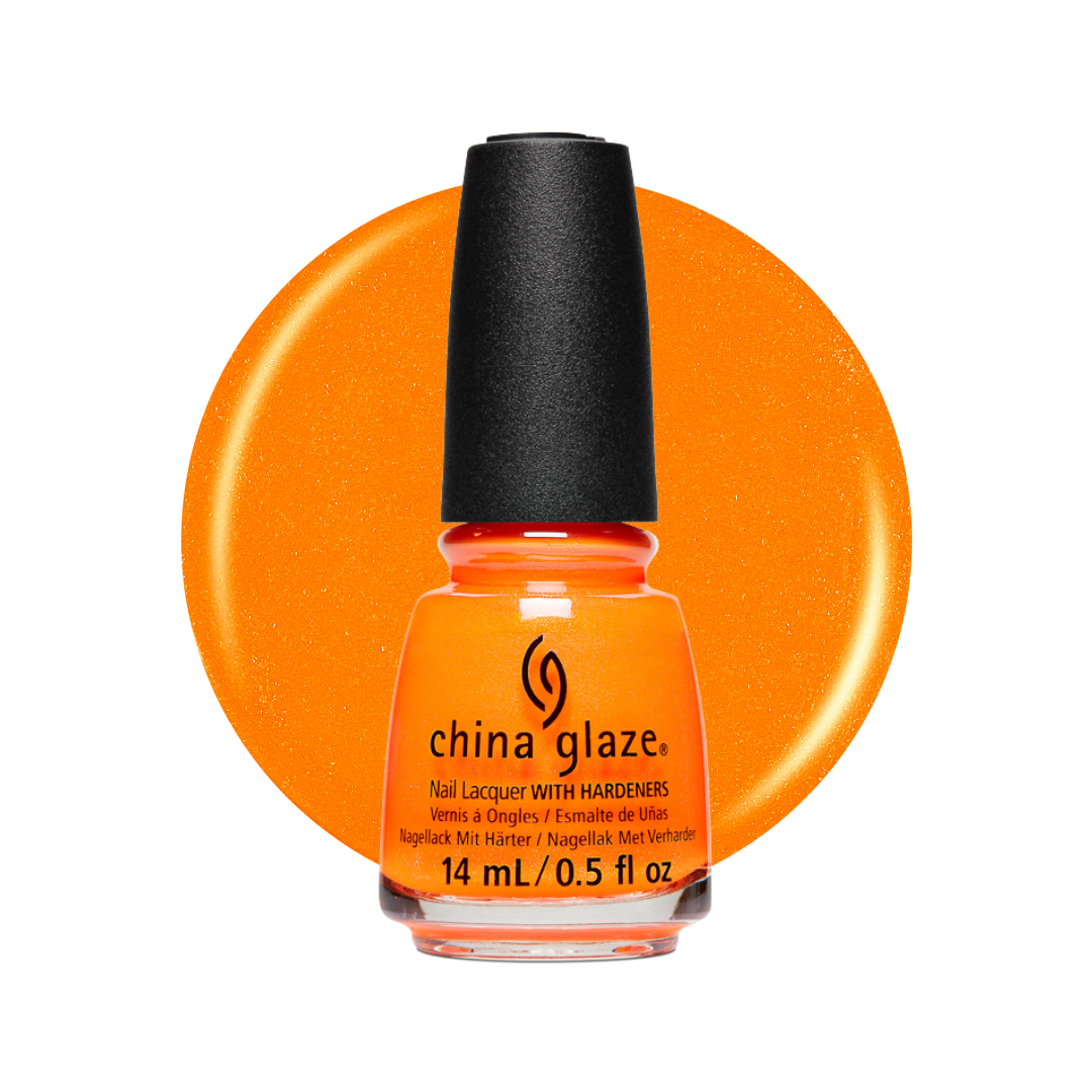 A bottle of China Glaze nail polish in a bright orange shade with a black cap, set against a matching orange circular swatch on a white background.