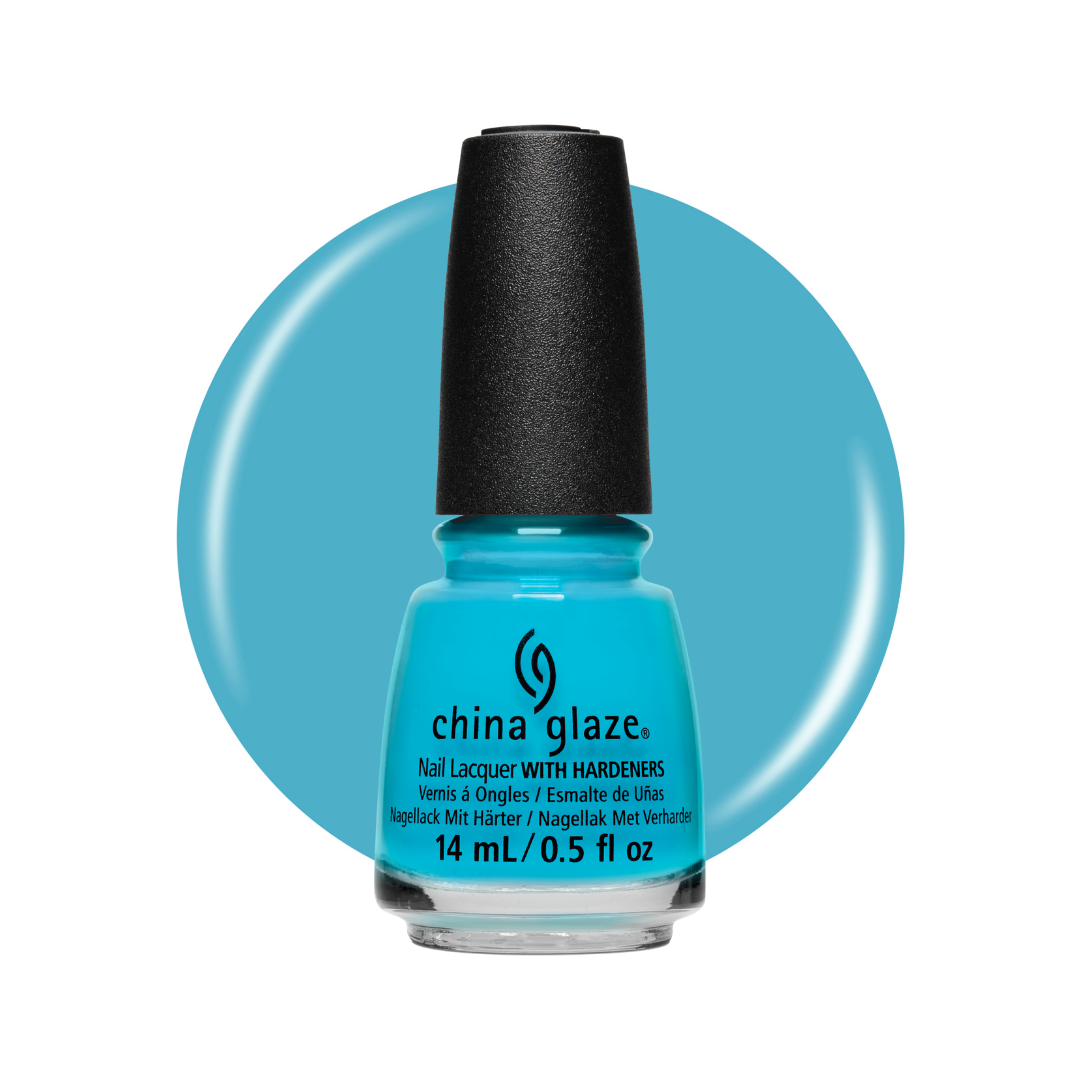 A bottle of China Glaze nail polish in a bright turquoise blue shade, shown against a white background with a matching turquoise circular color swatch behind it.