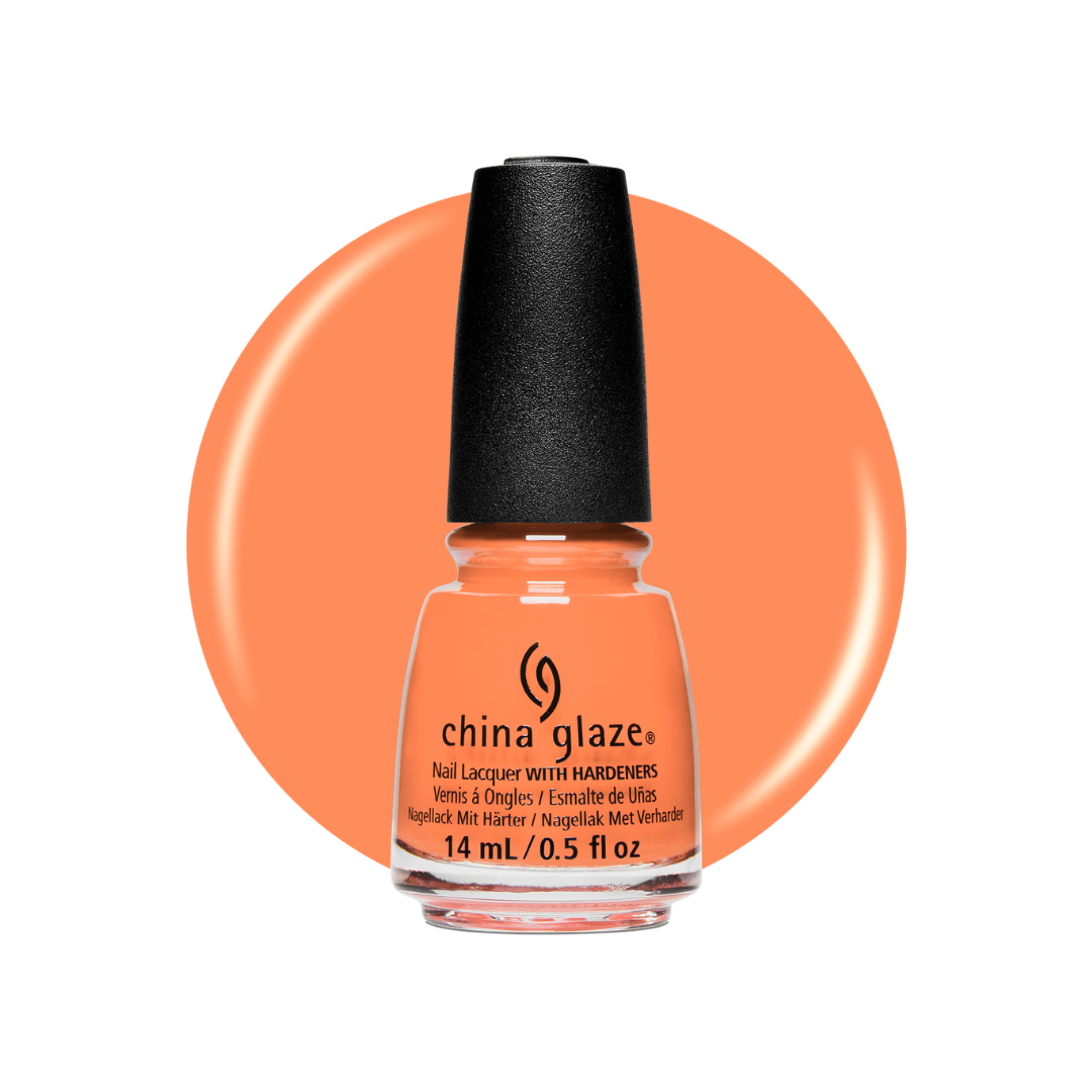 A bottle of China Glaze nail lacquer with hardeners in a bright orange shade, set against a matching orange circular color swatch on a white background.