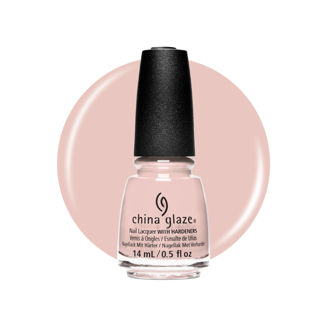 A bottle of China Glaze nail lacquer with hardeners in a pale blush pink shade, shown against a white background with a matching circular color swatch.