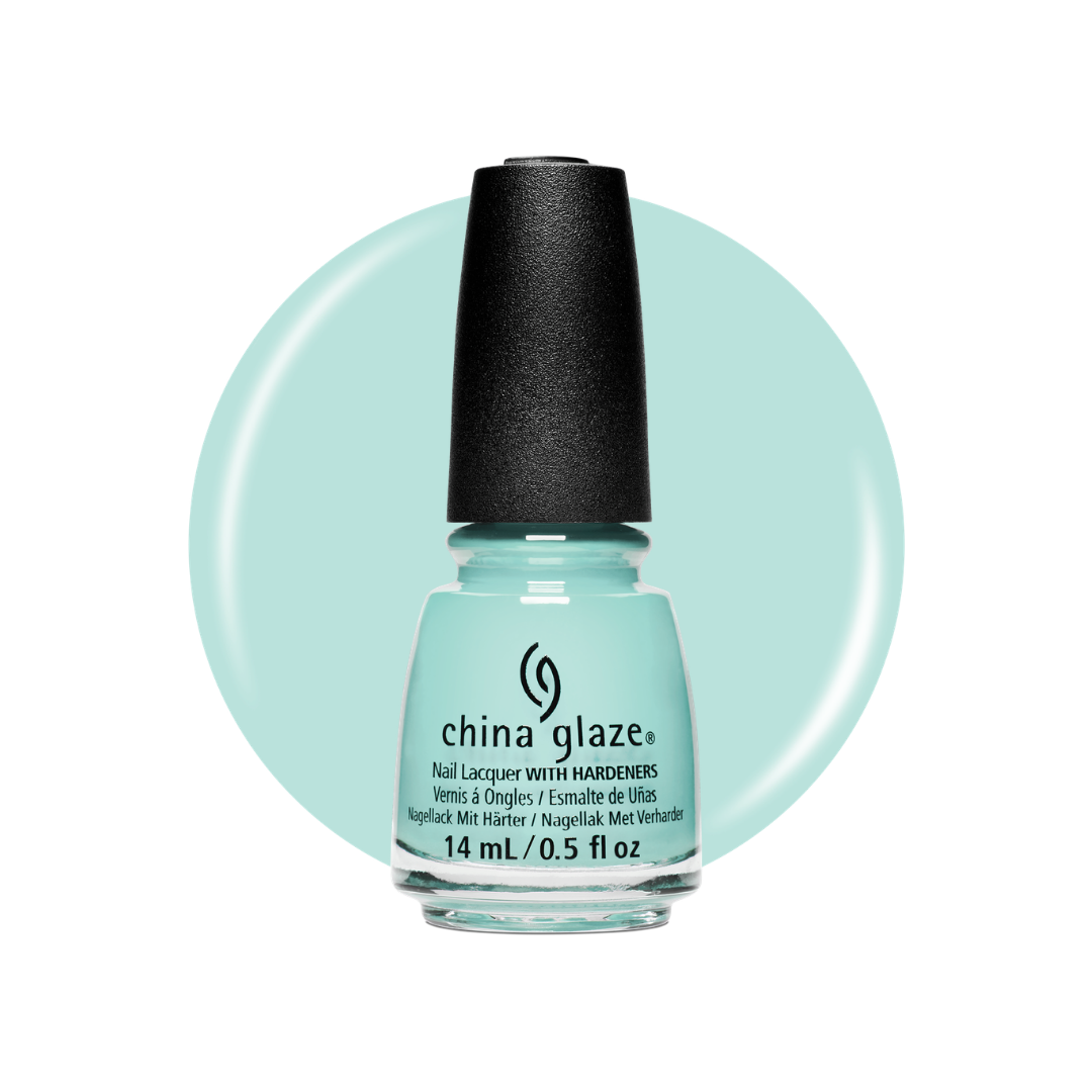 A bottle of China Glaze nail polish in a light mint green shade, shown against a white background with a matching circular color swatch behind it.