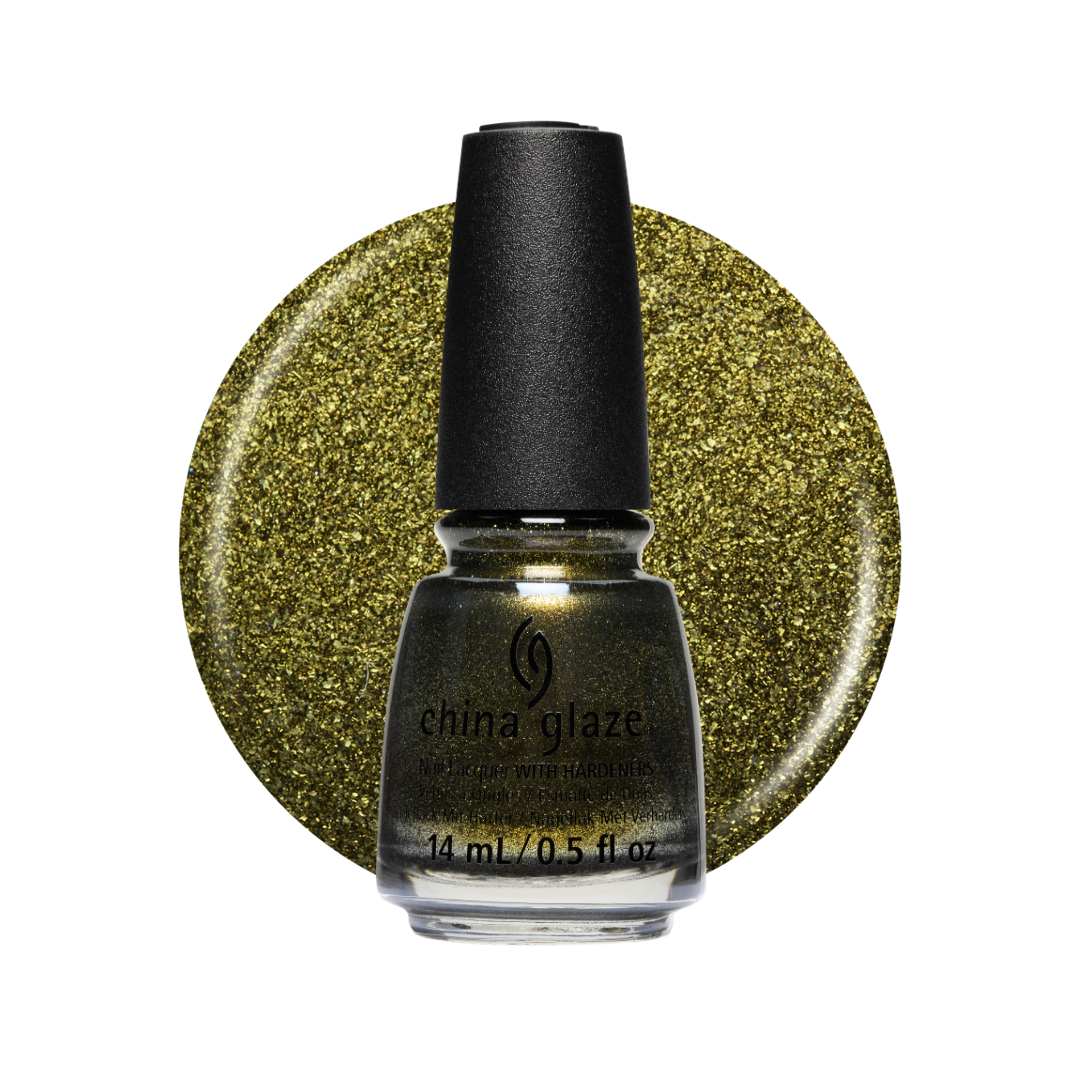 A bottle of China Glaze nail polish in a shimmering metallic olive-gold shade, set against a large circular swatch of the same glittery gold polish on a white background.
