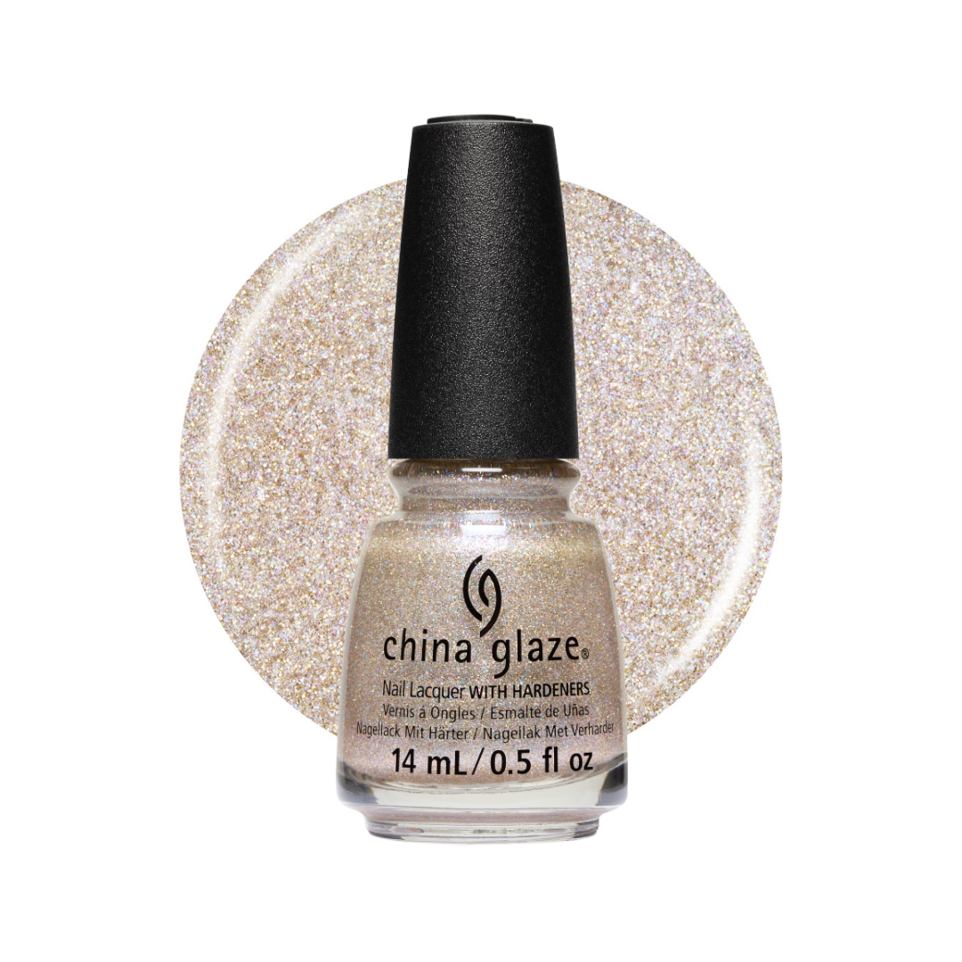 A bottle of China Glaze glitter nail polish in a warm champagne beige shade, shown in front of a circular glitter swatch of the same color on a white background.