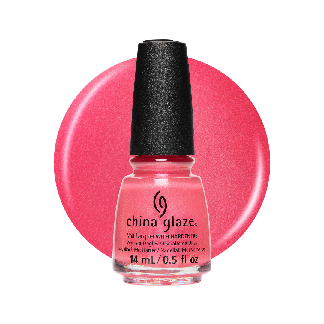A bottle of China Glaze nail polish with hardeners in a sparkling coral pink shade, shown in front of a matching circular color swatch on a white background.