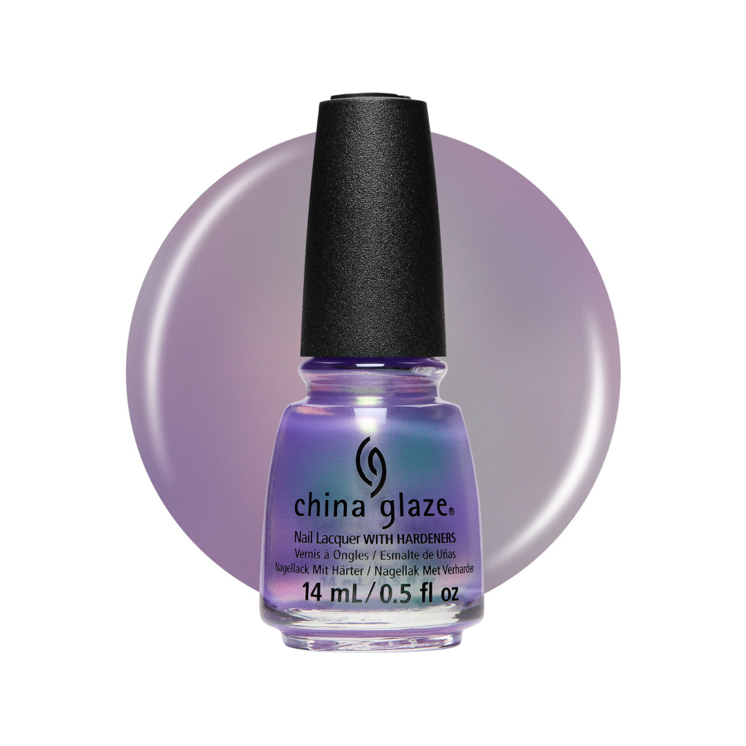 A bottle of China Glaze nail polish with a black cap, showing a purple-to-iridescent finish, set against a large matching lavender circular color swatch on a white background.