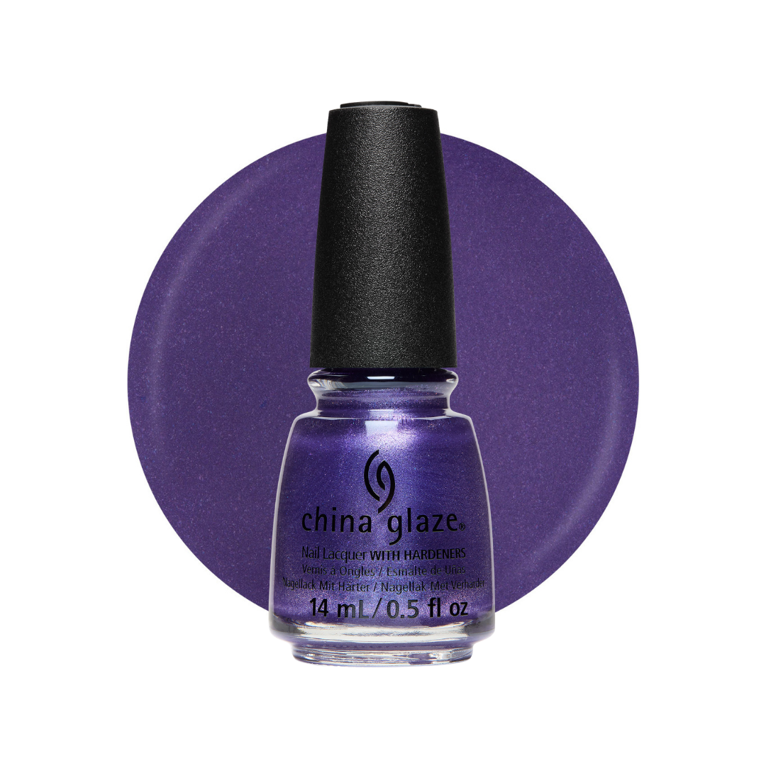 A bottle of China Glaze nail polish in a deep purple shade, set against a matching purple circular color swatch on a white background.