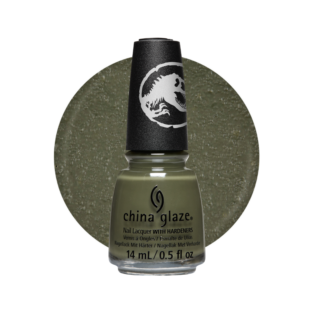 A bottle of China Glaze nail polish  with a black cap featuring the brand's dinosaur logo, set against a large circular swatch of the olive green nail polish color.