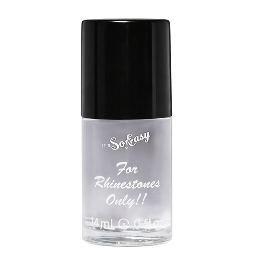 A bottle of It's So Easy For Rhinestones Only!! clear nail polish with a black cap, shown on a plain white background.