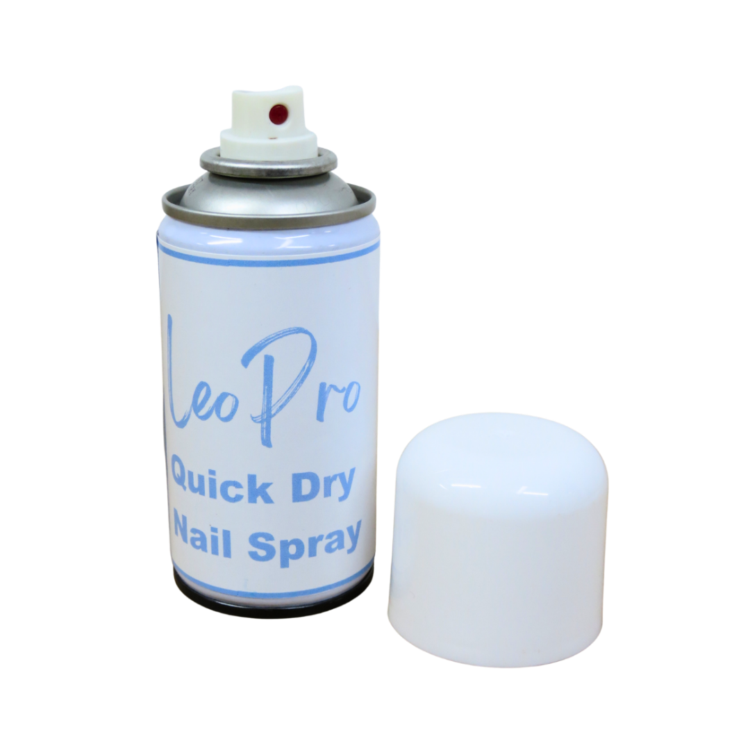 A can of Leo Pro Quick Dry Nail Spray with its white cap placed beside it on a plain white background.