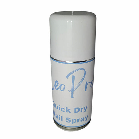 A bottle of Quick Dry Nail Spray by LEOPRO, primarily white in color with blue text and branding.