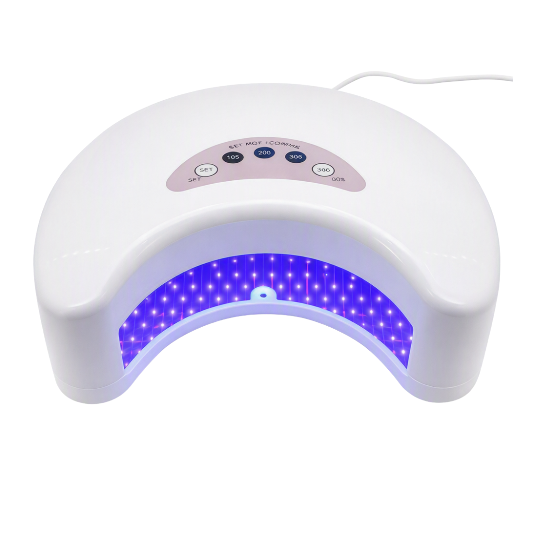 White LED nail lamp with a curved design, featuring a control panel with buttons and a glowing blue-purple LED light array inside, shown on a white background.