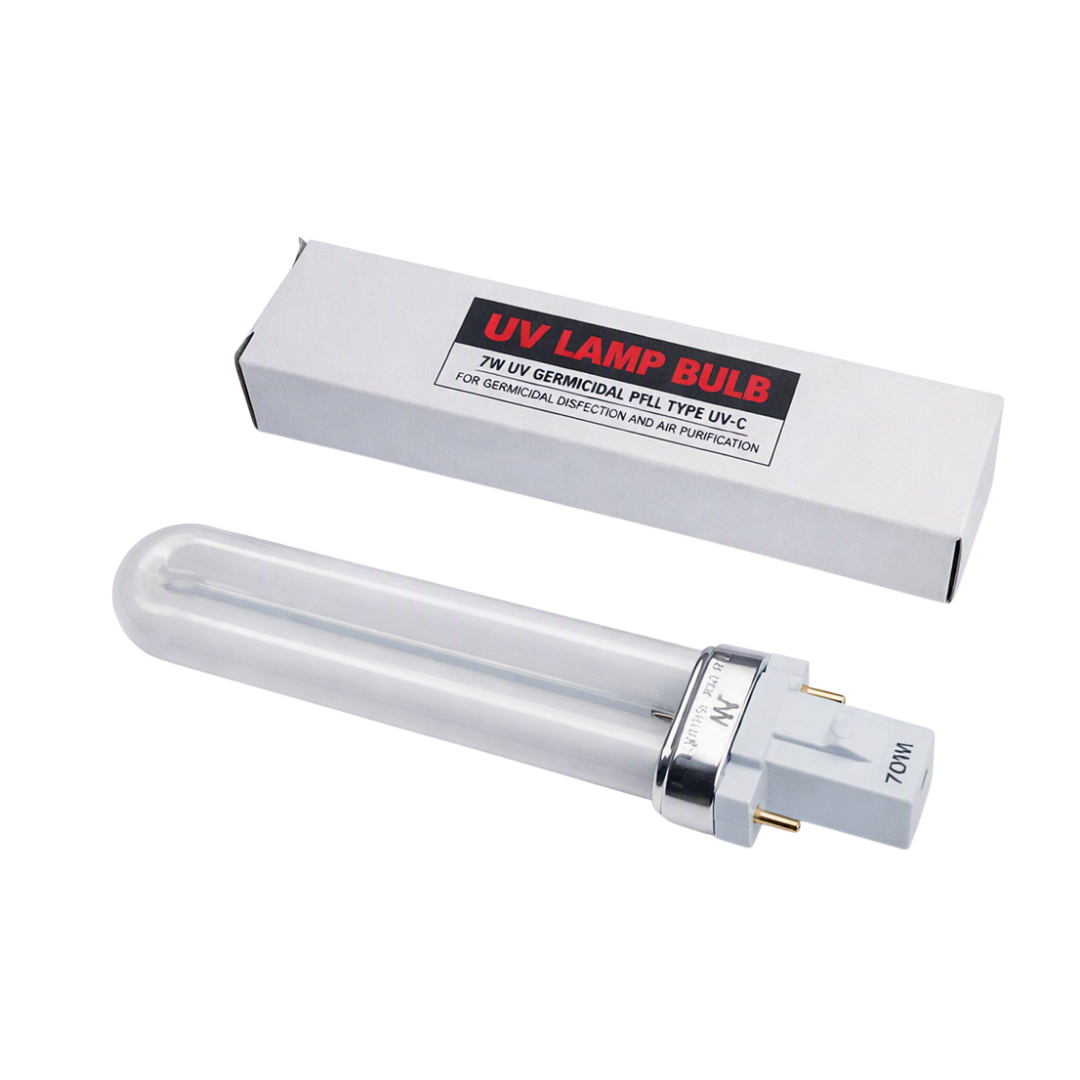 A 7W germicidal UV lamp bulb with a clear glass tube and metal base, shown alongside its white cardboard packaging box on a white background.