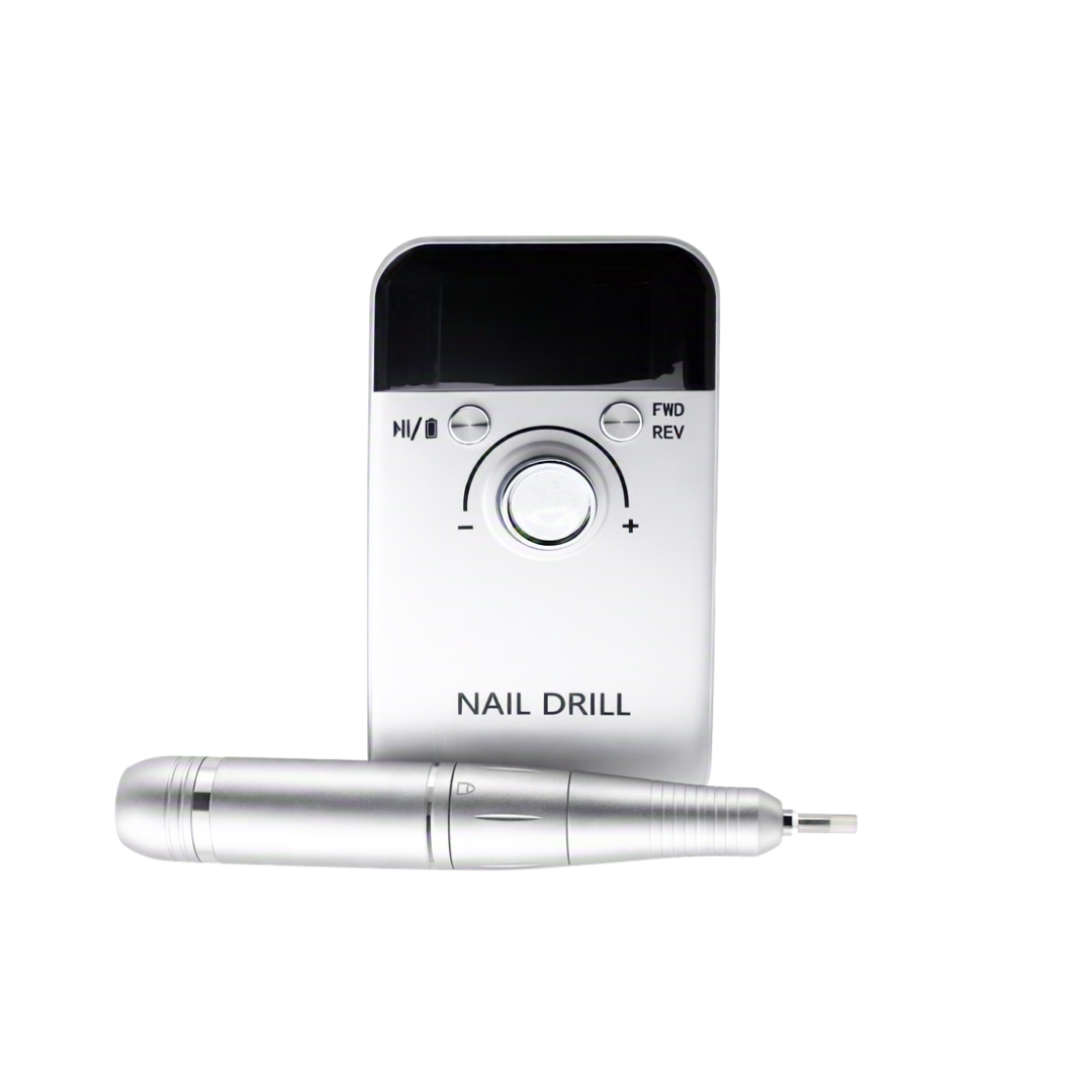 A silver electric nail drill kit with a rectangular control unit and a matching cylindrical drill bit, shown on a plain white background.