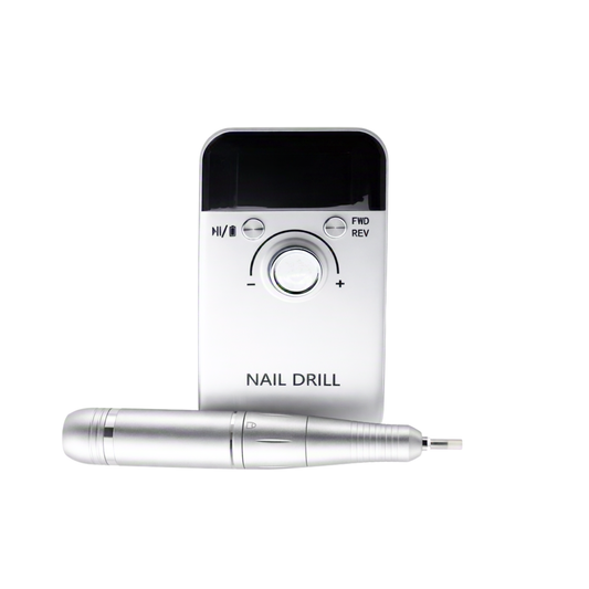 A silver electric nail drill kit with a rectangular control unit and a matching cylindrical drill bit, shown on a plain white background.