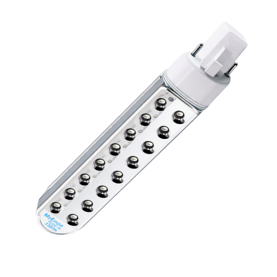 A 9 W led light bar with a white plastic GU10 base, featuring multiple small black LED chips on a clear cylindrical body, shown on a solid white background.